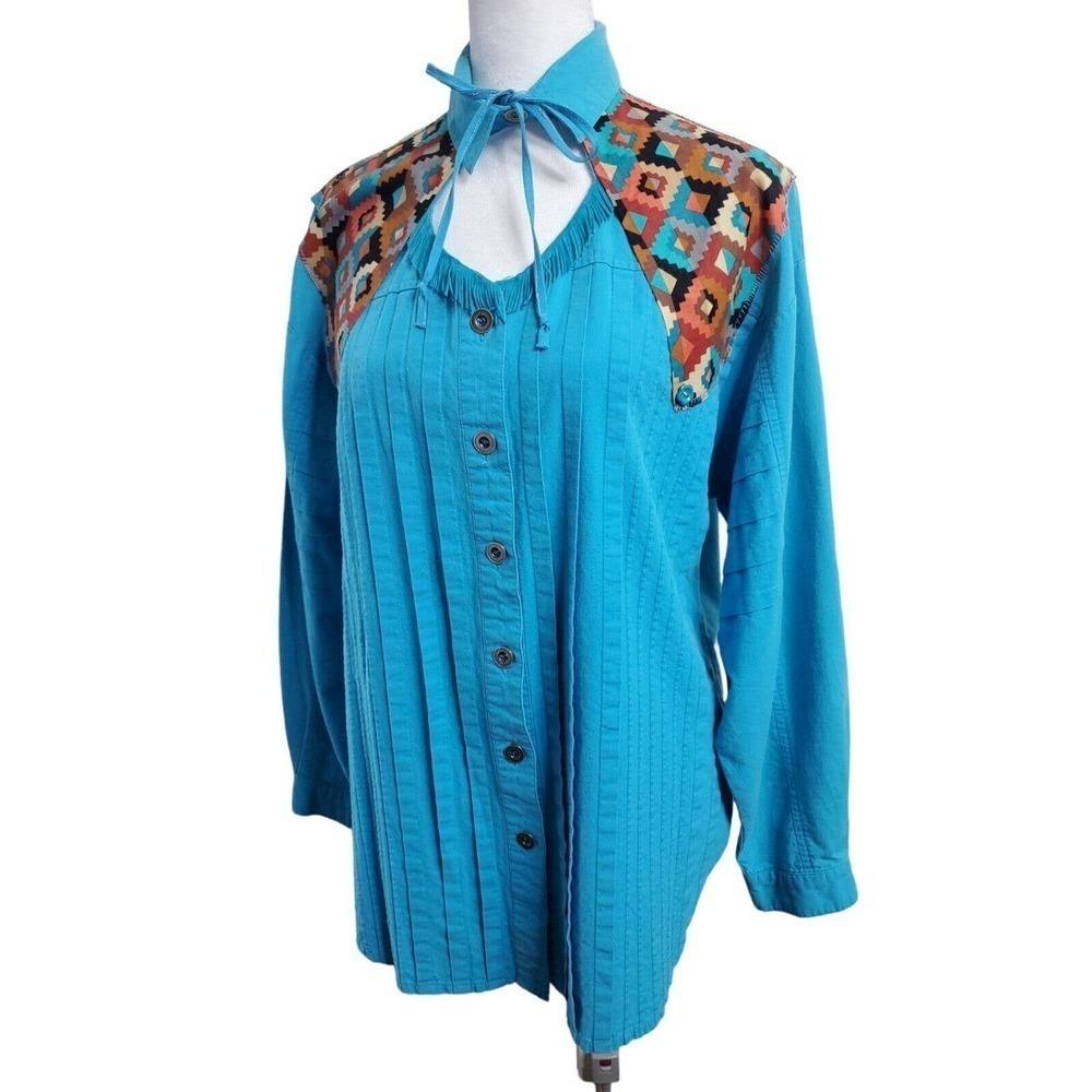 Vintage Together! Western Aztec Blue Button Up Womens Long Sleeve Shirt Rodeo M - Picture 2 of 15